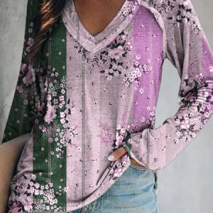Women Casual Floral Daily Jersey Best Sell Long sleeve Regular H-Line Tunic T-Shirt, T-shirts, color:Purple|size:XXL, Noracora