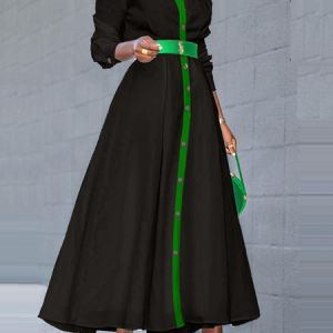 Regular Fit Elegant Color Block Long Sleeve Shirt Dress With No Belt, Maxi Dresses, color:Black|size:XXL, Stylewe