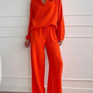 Women Plain V Neck Short Sleeve Comfy Casual Top With Pants Two-Piece Set, Sets, color:Orange Red|size:5XL, Noracora