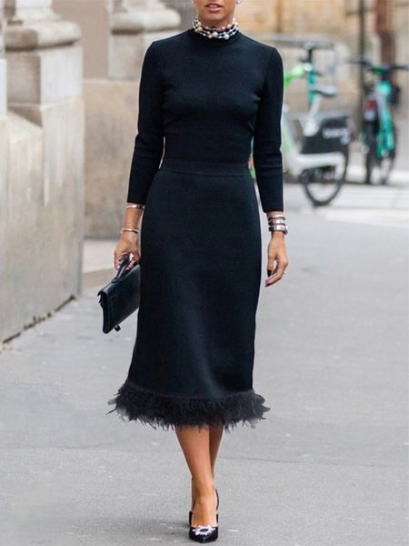 Tight Crew Neck Elegant Plain Dress, Maxi Dresses, color:Black|size:XXL, Stylewe