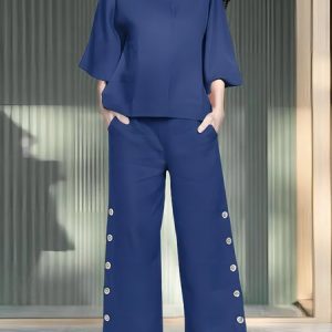 Women Plain Stand Collar Three Quarter Sleeve Comfy Casual Top With Pants Two-Piece Set, Sets, color:Blue|size:5XL, Noracora
