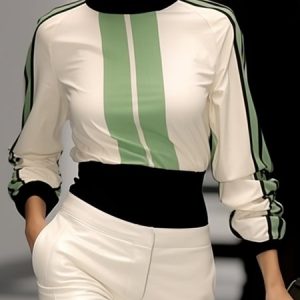 Jersey Urban Loose Striped Shirt, Blouses and Shirts, color:White-green|size:XXL, Stylewe