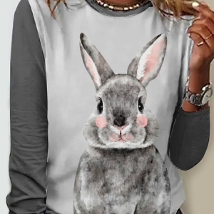 Easter Crew Neck Casual Long Sleeve Shirt, Blouses, Lilicloth.com
