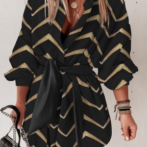 Bronzing Chevron Print Tied Detail Shirt Dress, Shirt Dresses, chicme - Women's Fashion Online