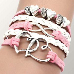 1pc Pink Double Heart Braided Leather Bracelet, Bracelet, chicme - Women's Fashion Online