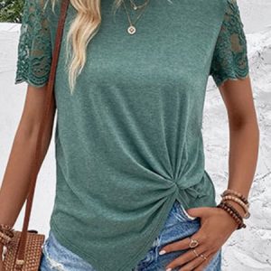 Crew Neck Short Sleeve Plain Regular Micro-Elasticity Regular Fit Shirt For Women, T-shirts, color:Green|size:XL, catalog Noracora shop