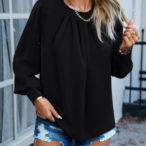 Crew Neck Long Sleeve Plain Regular Loose Shirt For Women, Blouses, color:Black|size:XL, Noracora