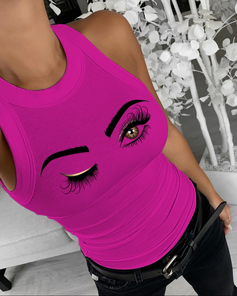 Eyelash Print O-neck Sleeveless Tank Slim Fit Ribbed Tank Top, women Tanks & Crop Tops, ChicMe catalog - Image 2