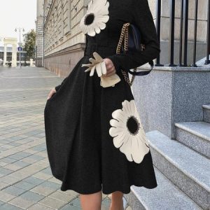 Floral Elegant Long Sleeve Regular Fit Midi Dress With Belt, Midi Dresses, color:Black|size:XXL, Stylewe