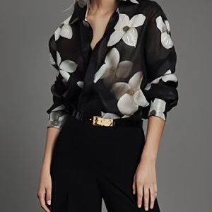 Loose Urban Shirt Collar Floral Blouse, Blouses and Shirts, color:Black|size:XXL, Stylewe