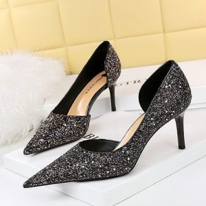 Sparkling Glitter Wedding Dress Stiletto Heel D'Orsay Pumps, Heels, color:Black|size:43, Stylewe