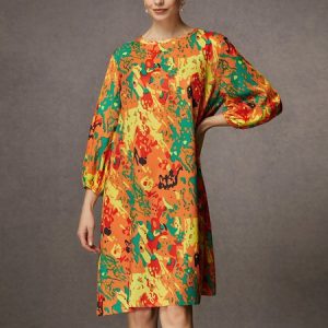 Three Quarter Abstract Graphic Elegant Crew Neck Dress, Mini Dresses, color:Orange|size:XXL, Stylewe