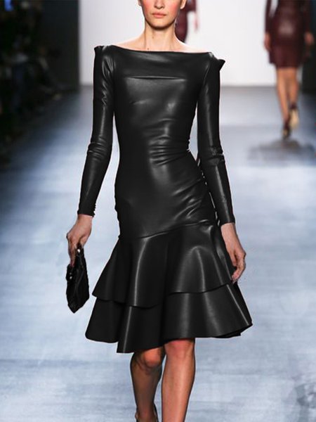 Plain Regular Fit Elegant Faux Leather Mini Dress With No Belt, Midi Dresses, color:Black|size:XXL, Stylewe