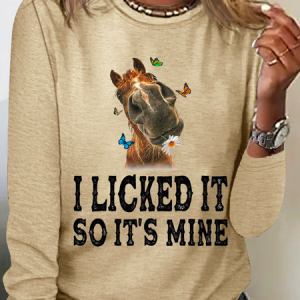 Funny Horse And Butterflies I Licked It So It’S Mine Cotton-Blend Casual Long Sleeve Shirt, Long sleeves, Lilicloth.com