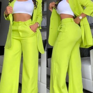 Notched Collar Blazer Coat & Pocket Design Pants Set, blazer set, chicme - Women's Fashion Online