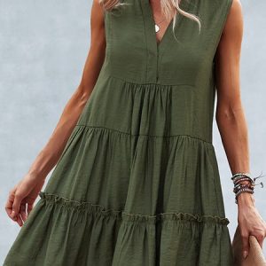 Women Plain V Neck Sleeveless Comfy Casual Short Dress, Dresses, color:Army Green|size:XL, Noracora