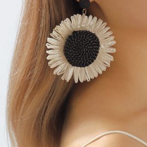 Boho Sunflower Raffia Braided Dangle Earrings, Earrings, color:Black|size:One-size, Stylewe