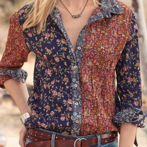 Floral Loose Blouse, Shirts, color:Red-Blue|size:3XL, catalog Noracora shop