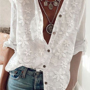 Shirt Collar Long Sleeve Plain Buttoned Regular Loose TUNIC Blouse For Women, Blouses, color:White|size:XXL, Noracora