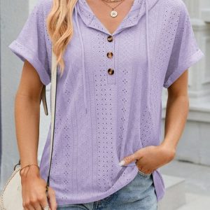 Hoodie Short Sleeve Plain Buckle Regular Micro-Elasticity Loose Shirt For Women, Blouses, color:Purple|size:XXL, Noracora