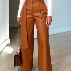 Plus Size Urban High Waist Plain Leather Pants With Belt, Plus Pants, color:Brown|size:4X, Stylewe