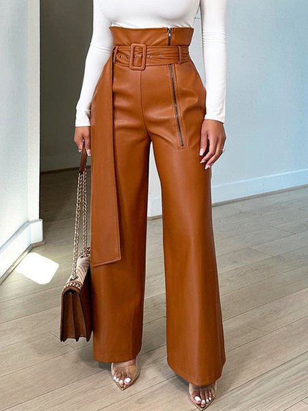 Plus Size Urban High Waist Plain Leather Pants With Belt, Plus Pants, color:Brown|size:4X, Stylewe