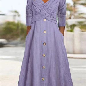Women Plain V Neck Long Sleeve Comfy Casual Buckle Maxi Dress, Dresses, color:Purple|size:3XL, Noracora