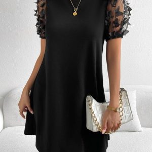 Women Plain Crew Neck Short Sleeve Comfy Casual Mesh Short Dress, Dresses, color:Black|size:XXL, Noracora