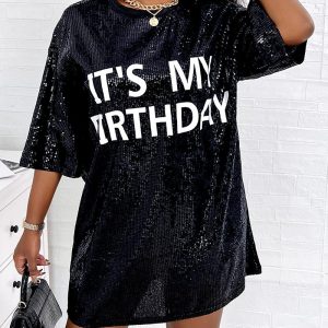 Letter Pattern Allover Sequin Casual Dress, Casual Dresses, chicme - Women's Fashion Online