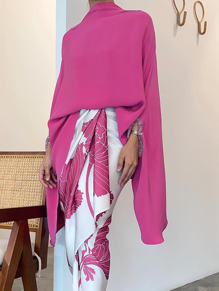 Plain Loose Stand Collar Short sleeve Urban Mid-long Shirt, Blouses and Shirts, color:Rose Red|size:XXL, Stylewe