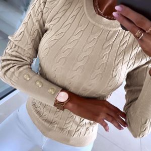 O-neck Long Sleeve Buttoned Braided Knit Sweater, Sweaters & Cardigans, chicme - Women's Fashion Online