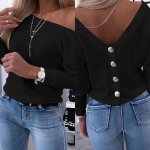 Long Sleeve Drop Shoulder Button Back Tee Casual Backless Minimalist Versatile Top, women T-shirt & Tees, ChicMe catalog