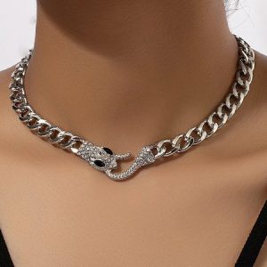 Rhinestone Snake Necklace Fashion Party Metal Chain Choker, Necklaces, color:Silver|size:One-size, Stylewe