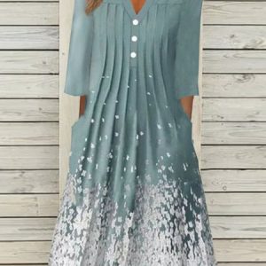 Floral Printed Ombre V Neck Short Sleeve Pleated Vacation Midi Dress, Midi, color:Blue|size:XXL, Noracora