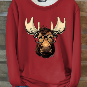 Cute Moose Print Casual Crew Neck Cattle Sweatshirt, Hoodies&Sweatshirts, Lilicloth.com