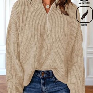 Women Wool/Knitting Plain Long Sleeve Comfy Casual Zipper Sweater, Sweaters, color:Apricot|size:3XL, Noracora