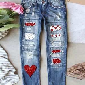 Valentine's Day Heart Pattern Ripped Jeans, Jeans, chicme - Women's Fashion Online