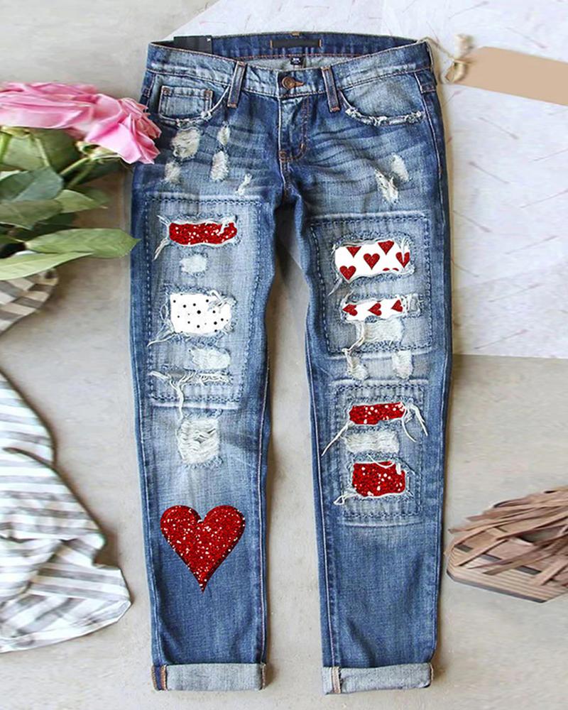 Valentine's Day Heart Pattern Ripped Jeans, Jeans, chicme - Women's Fashion Online