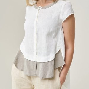 Linen Color Block Crew Neck Short Sleeve T-shirt, Blouses, color:White|size:XXL, Noracora