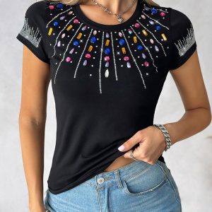 Rhinestone Colorful Crystal Stone Decor T-Shirt, women T-shirt & Tees, ChicMe catalog