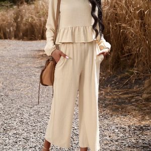 Women Plain Crew Neck Long Sleeve Comfy Casual Top With Pants Two-Piece Set, Sets, color:Apricot|size:XL, Noracora