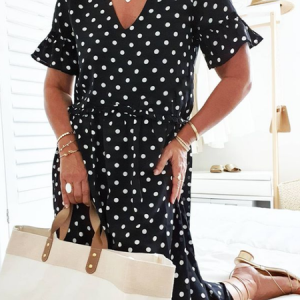 Black Polka Dots Printed V Neck Frill Sleeve Short Sleeve Holiday Casual Dress, Midi, color:Black|size:3XL, Noracora