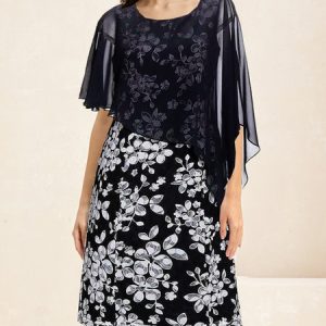 Women Floral Crew Neck Half Sleeve Comfy Casual Short Dress, Dresses, color:Black|size:XXL, Noracora