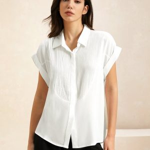 Shirt Collar Short Sleeve Plain Regular Loose Blouse For Women, Blouses, color:White|size:XL, Noracora