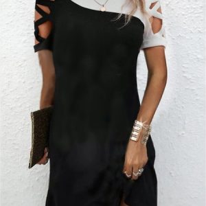 Women Colorblock Criss Cross Cold Shoulder Bodycon Midi Dress, Midi, color:Black|size:XXL, catalog Noracora shop
