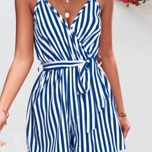 Women Gallus Spaghetti Regular Fit Shorts Daily Casual Striped Natural Jumpsuit, Jumpsuits&Rompers, color:Blue|size:XL, Noracora