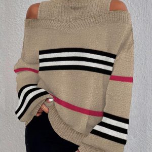 Striped Lantern Sleeve Cold Shoulder Knit Sweater, Sweaters & Cardigans, chicme - Women's Fashion Online