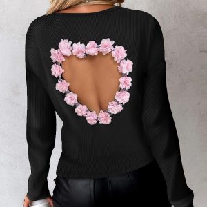 Floral Pattern Hollow Heart Ribbed Top, T-shirt & Tees, chicme - Women's Fashion Online