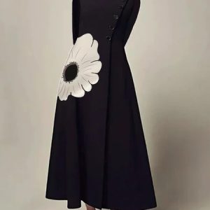 Elegant Floral Buttoned  Stand Collar Dress, Maxi Dresses, color:Black|size:XXL, Stylewe