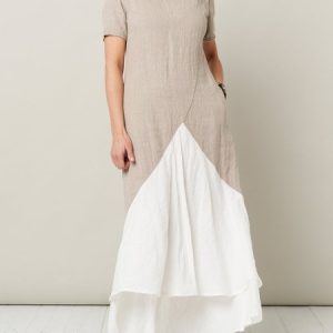 Women Color Block Crew Neck Short Sleeve Comfy Simple Maxi Dress, Dresses, color:Khaki|size:XXL, Noracora